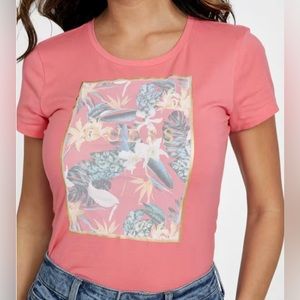 Guess Pink Cena Tropical Logo Tee, Size XS
